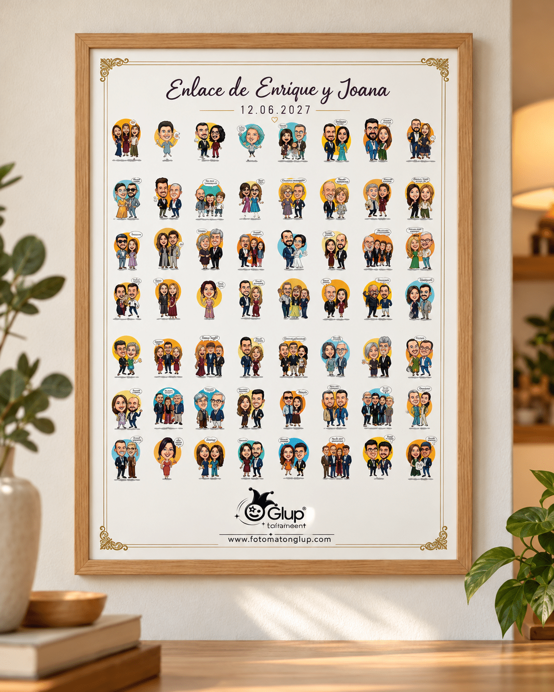 Ejemplo de cuadro mosaico de caricaturas, enlace de Enrique y Joana, 12 de junio de 2027, personalizado por Glup Entertainment