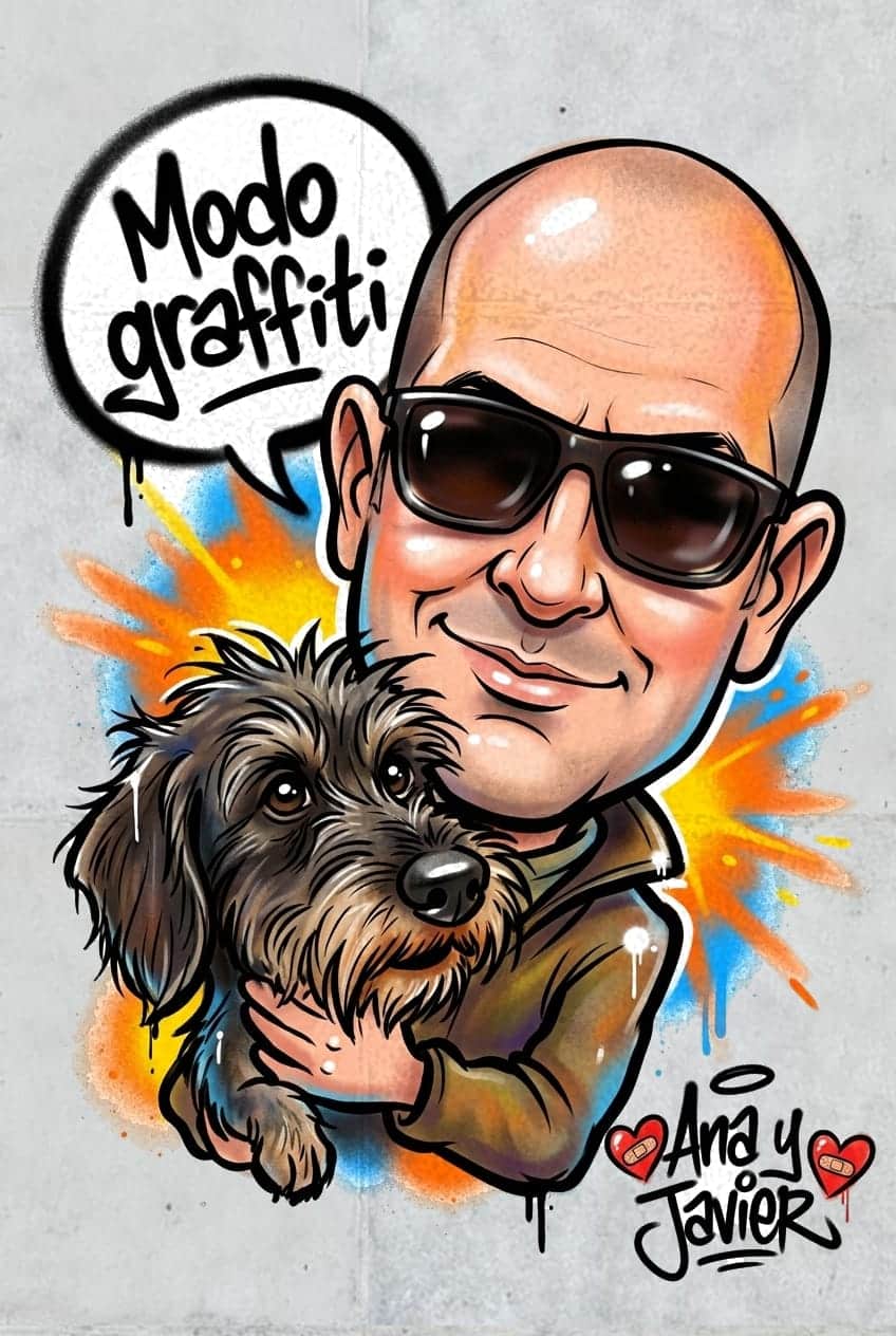Caricatura de estilo grafiti de un hombre con gafas de sol y su perro